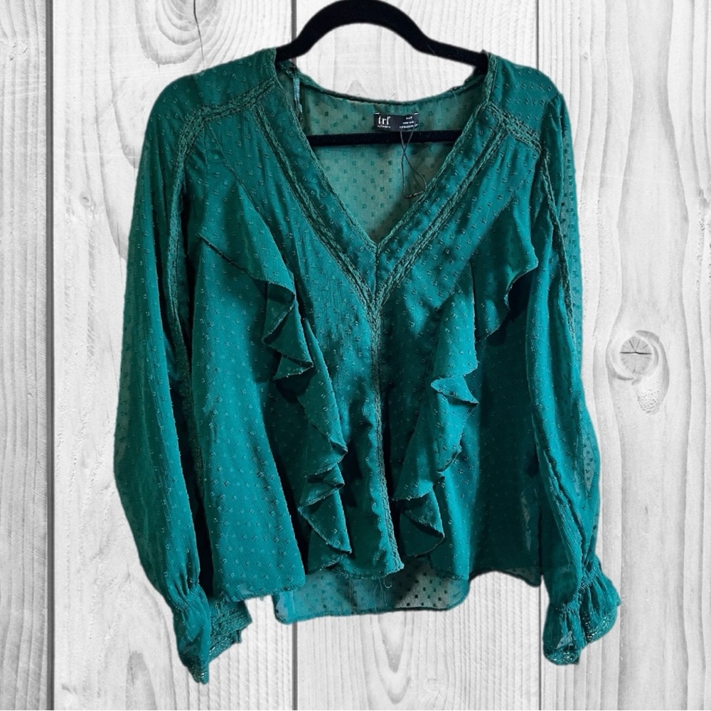 Zara Olive Green Ruffled V-Neck Blouse size medium work career lightweight
